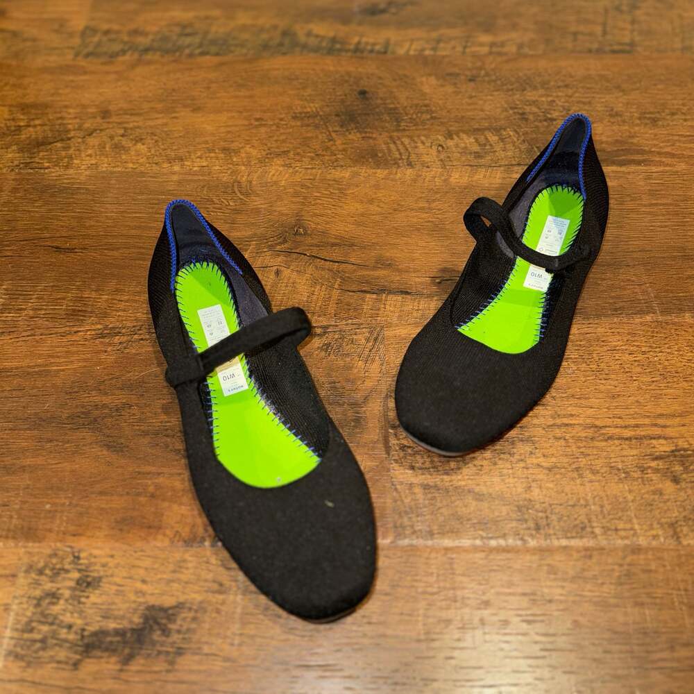 Rothy’s Mary Jane Flats Black Blue Trim Women’s Size 10 Knit Slip On Shoes